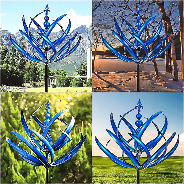 Blaues Metall-Windspiel im robusten Design für den Garten, elegantes Dekor für Außenbereiche.