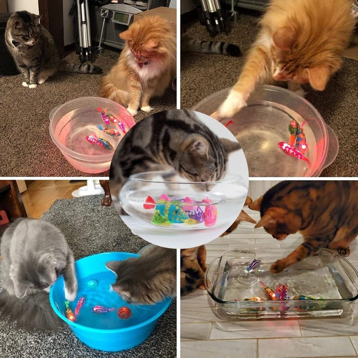 "Bunte interaktive Fischspielzeuge in Aquarium für Katzen, leuchtende Farben, realistische Bewegungen, sensorisches Spiel."