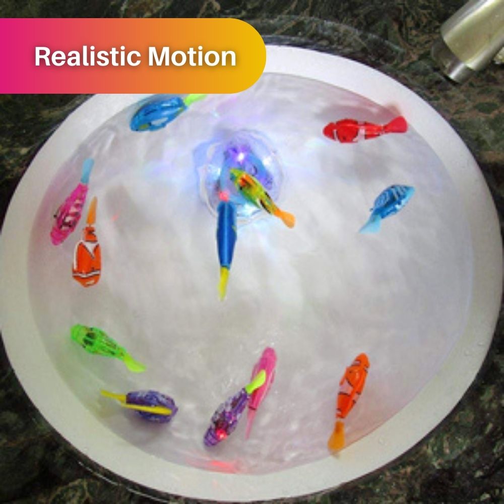 "Bunte interaktive Fischspielzeuge in Aquarium für Katzen, leuchtende Farben, realistische Bewegungen, sensorisches Spiel."