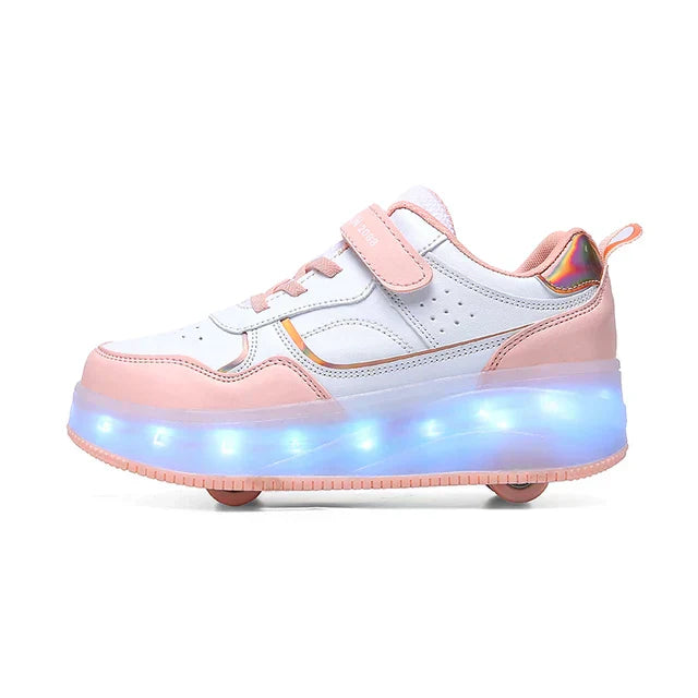 Bunte kinderfreundliche LED Rollschuhe, orthopädisches Design, vier Räder, modisch und funktional, für sicheren Spaß.