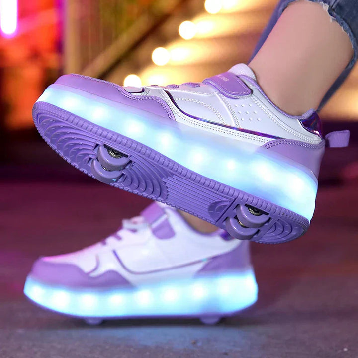 Bunte kinderfreundliche LED Rollschuhe, orthopädisches Design, vier Räder, modisch und funktional, für sicheren Spaß.