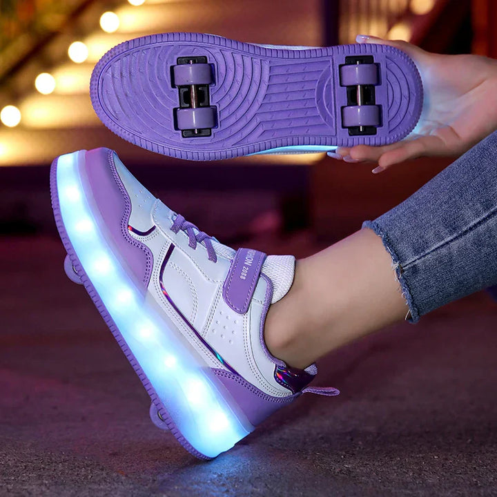Bunte kinderfreundliche LED Rollschuhe, orthopädisches Design, vier Räder, modisch und funktional, für sicheren Spaß.
