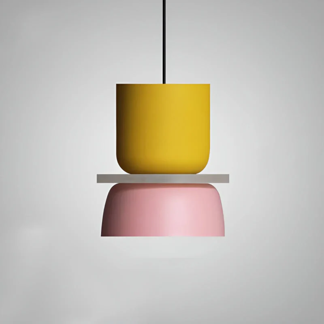 "Bunte Macaron LED Pendelleuchte: Farbige, energiesparende Deckenlampe aus Metall, ideal für moderne Wohnräume."