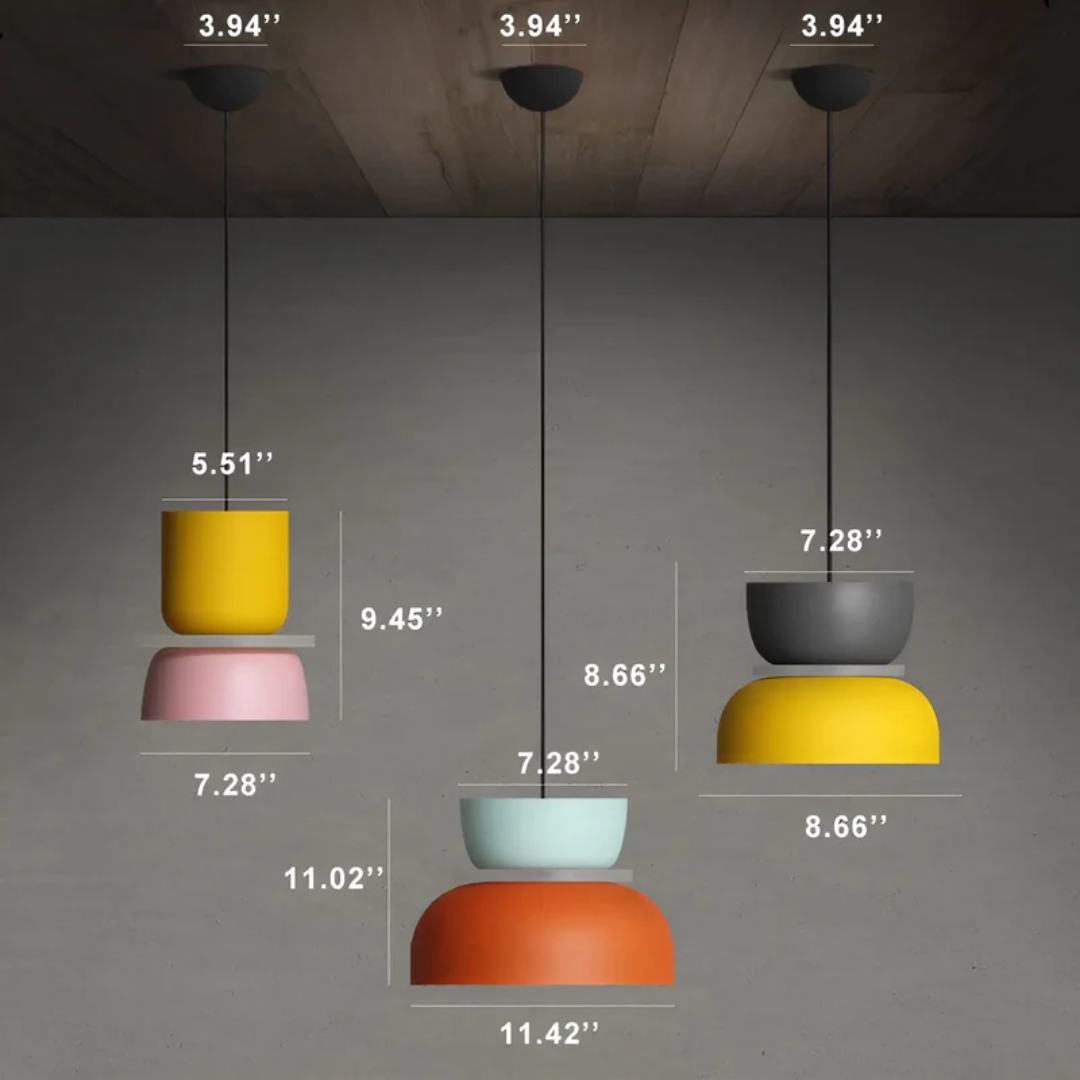 "Bunte Macaron LED Pendelleuchte: Farbige, energiesparende Deckenlampe aus Metall, ideal für moderne Wohnräume."