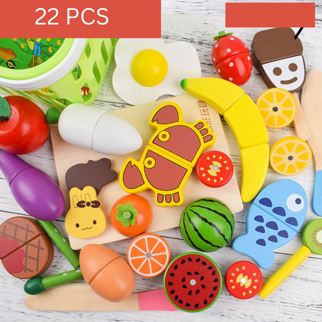 "Buntes Montessori Schneide Spielset aus Holz, featuring buntes Obst und Gemüse, ideal zum Fördern der Feinmotorik."