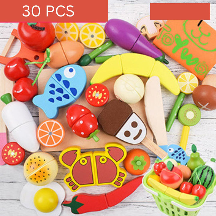 "Buntes Montessori Schneide Spielset aus Holz, featuring buntes Obst und Gemüse, ideal zum Fördern der Feinmotorik."