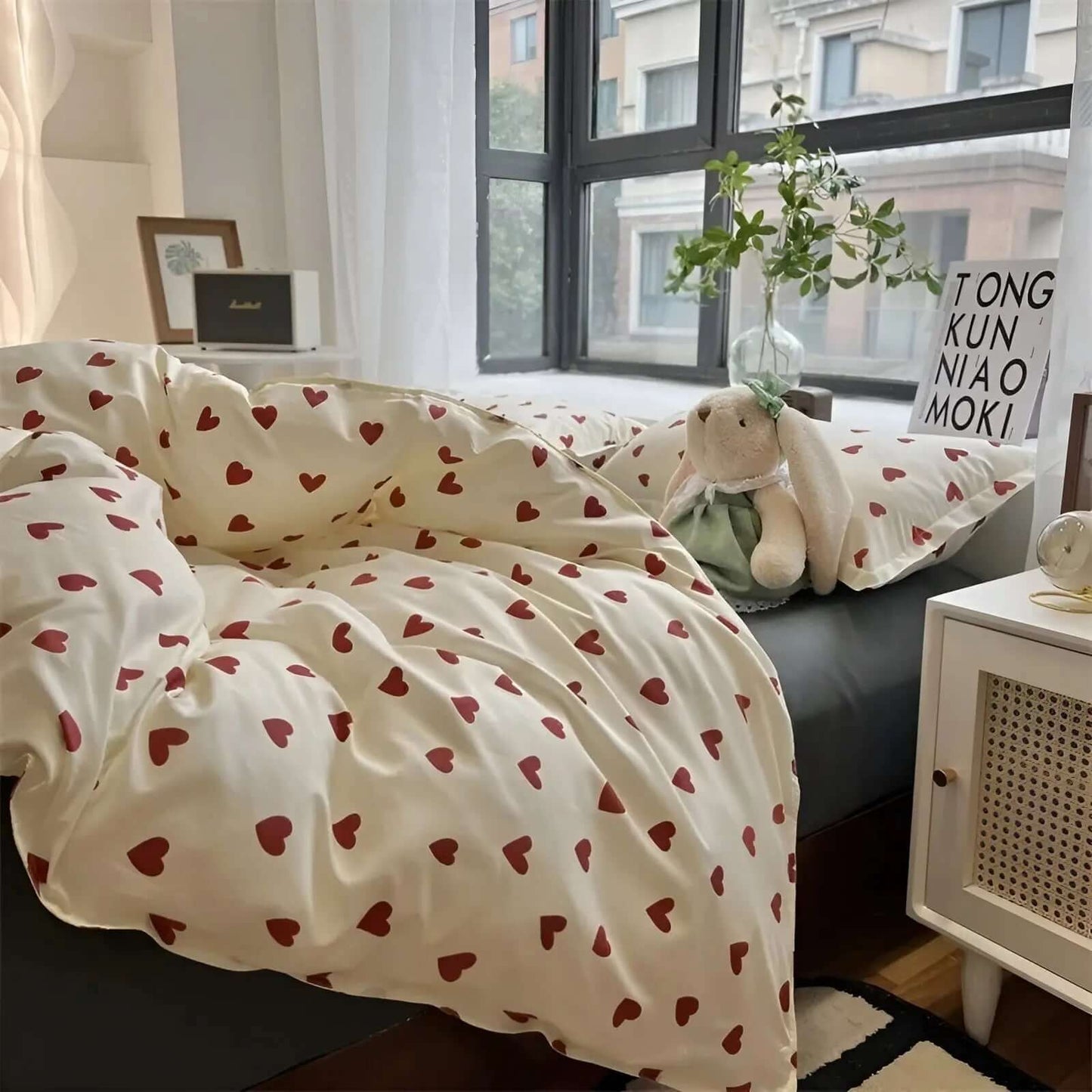Parure de lit en coton motif cœur, blanc