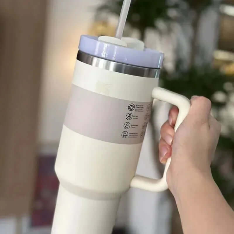 40oz Isolierter Edelstahl Reisebecher mit Griff & Strohhalm