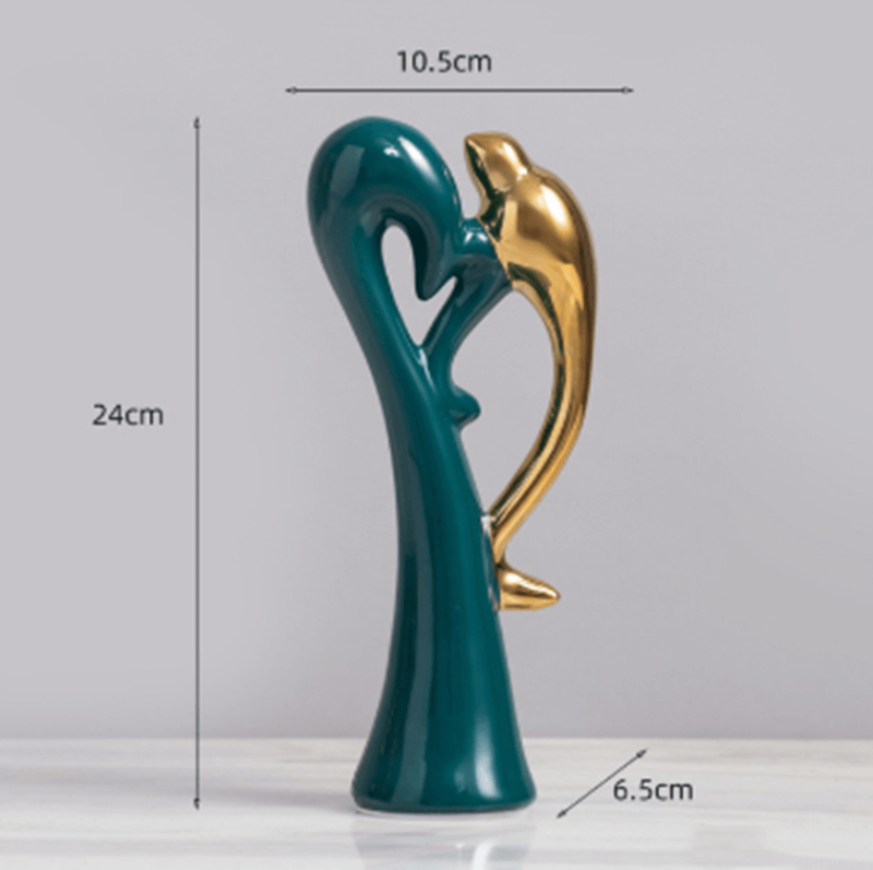 Paire de tourtereaux décoratifs en céramique, dorés et vert émeraude