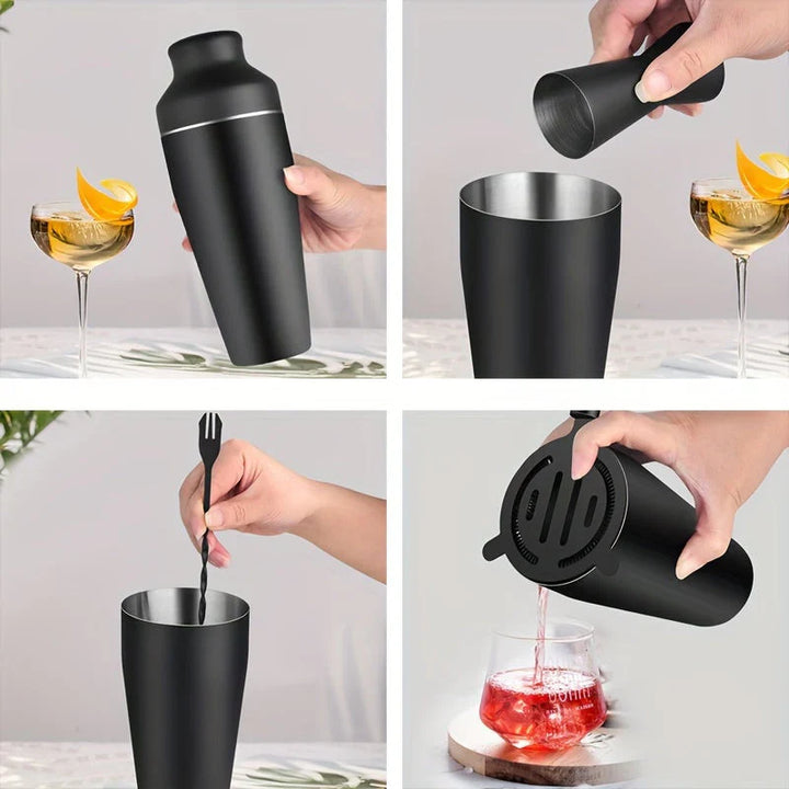 "Cocktailset aus Edelstahl mit Shaker, Strainer und Muddler, stilvolles Design, ideal für Hausbar und Cocktailabende."