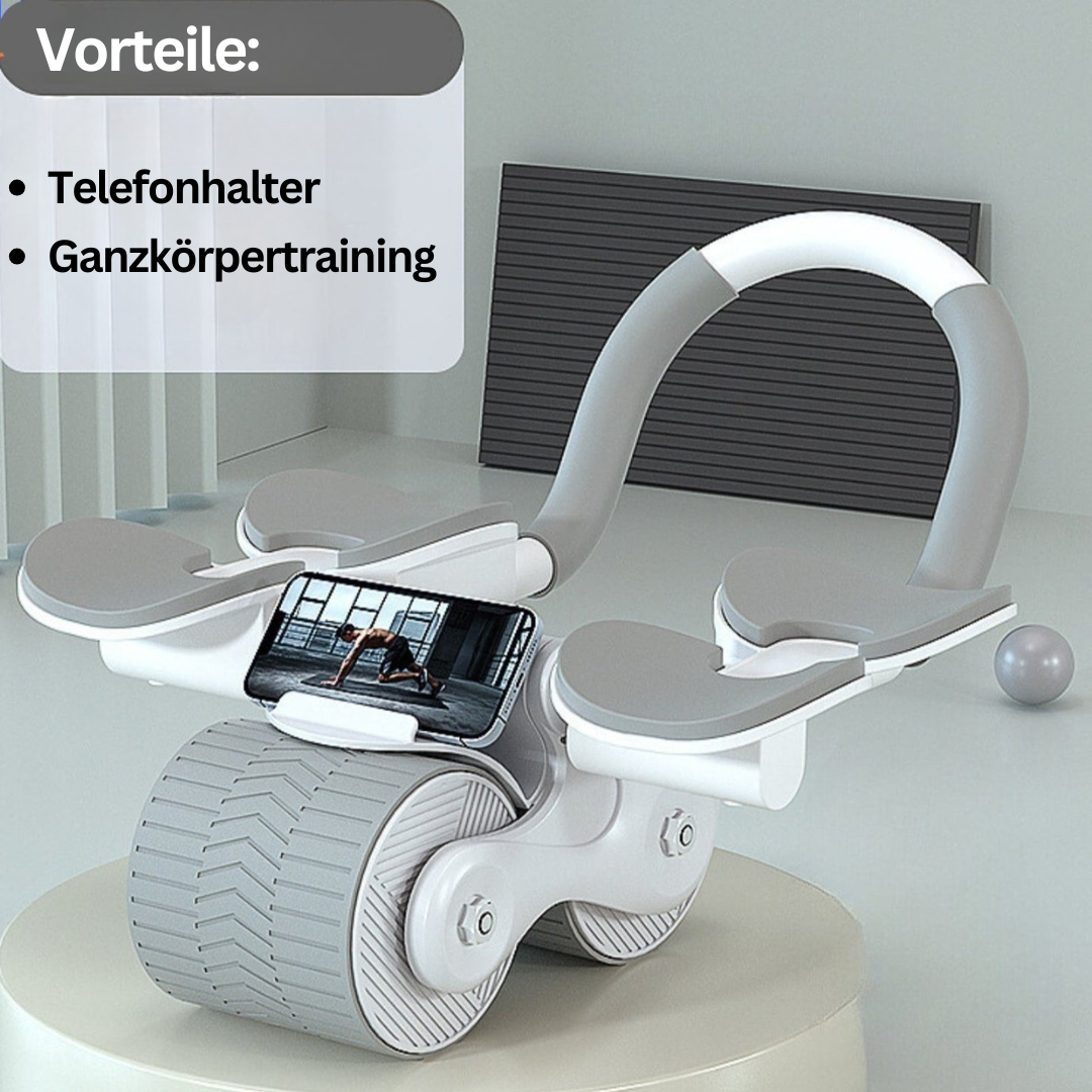 "CoreRoller Max Bauchmuskeltrainer, kompakt, silber-blau, mit EVA-Griffen für effektives Core-Training zu Hause."