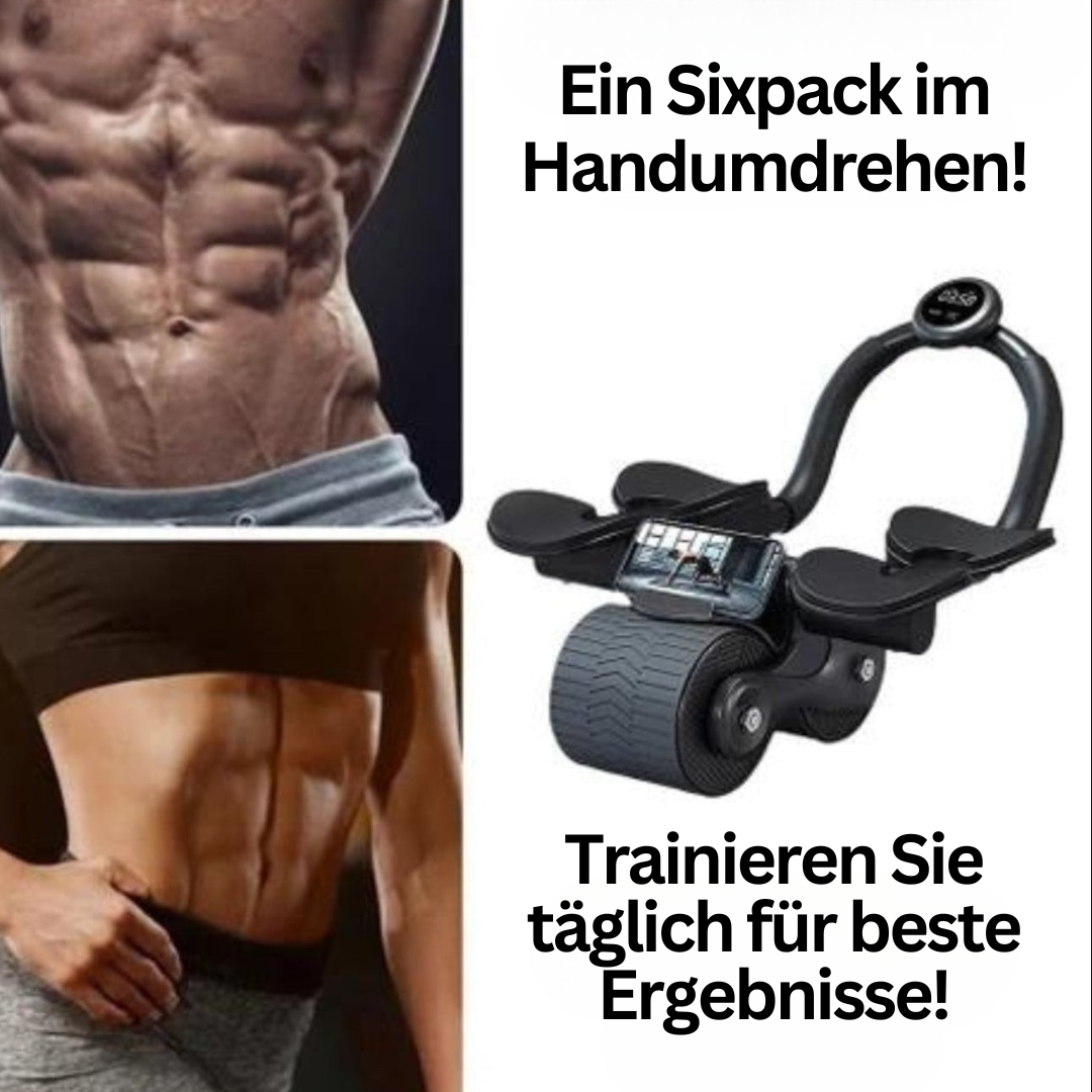"CoreRoller Max Bauchmuskeltrainer, kompakt, silber-blau, mit EVA-Griffen für effektives Core-Training zu Hause."