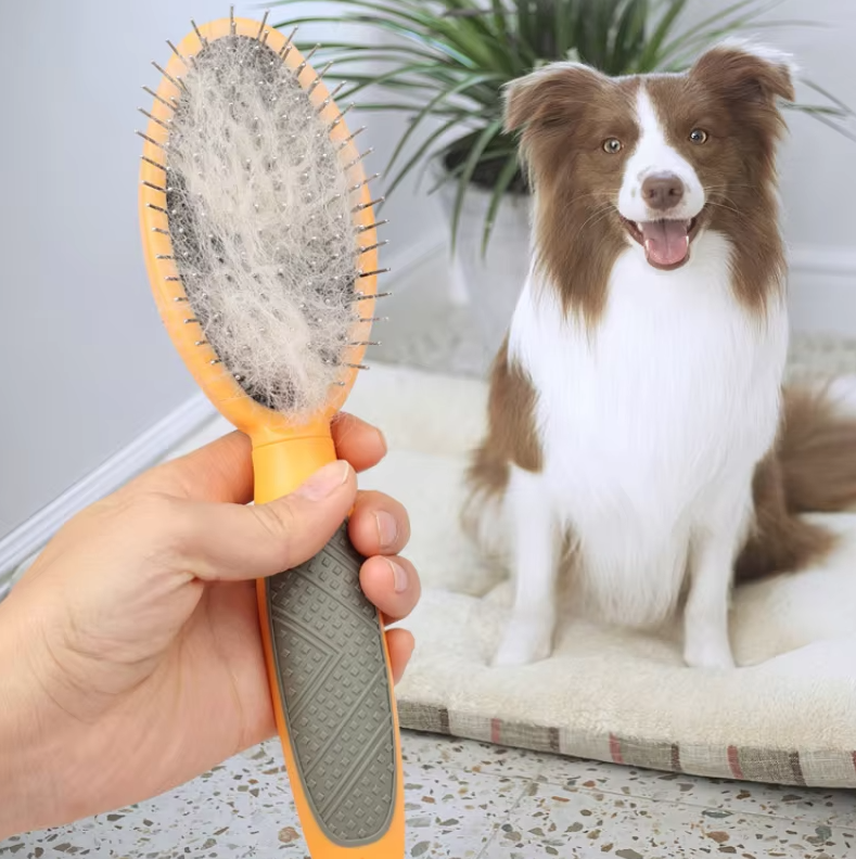 "Doppelseitige Haustierbürste mit weichen Borsten und Metallpins für sanfte Fellpflege und Entwirrung verschiedener Felltypen