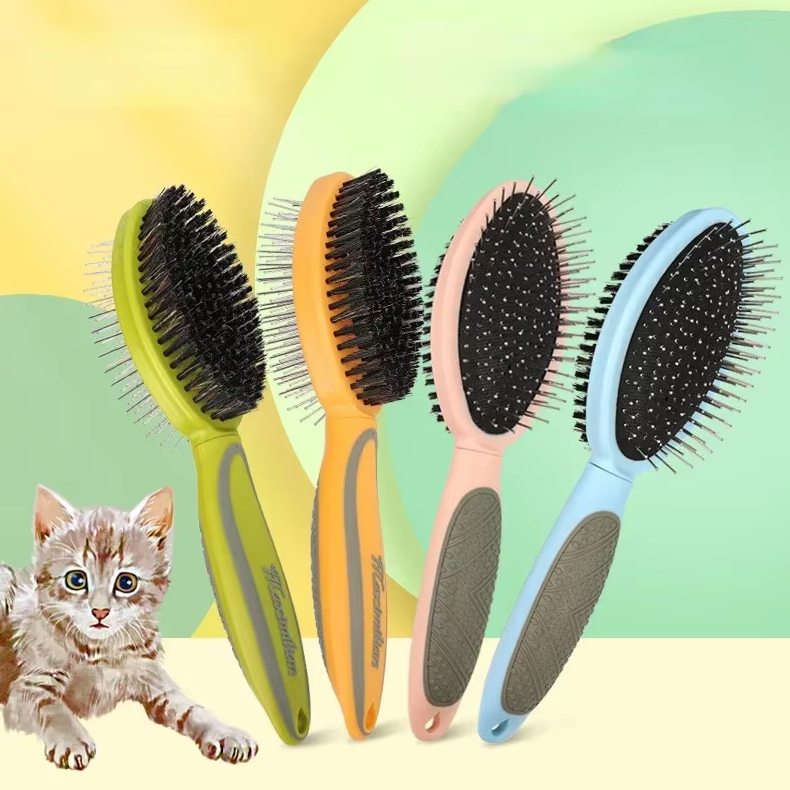 "Doppelseitige Haustierbürste mit weichen Borsten und Metallpins für sanfte Fellpflege und Entwirrung verschiedener Felltypen