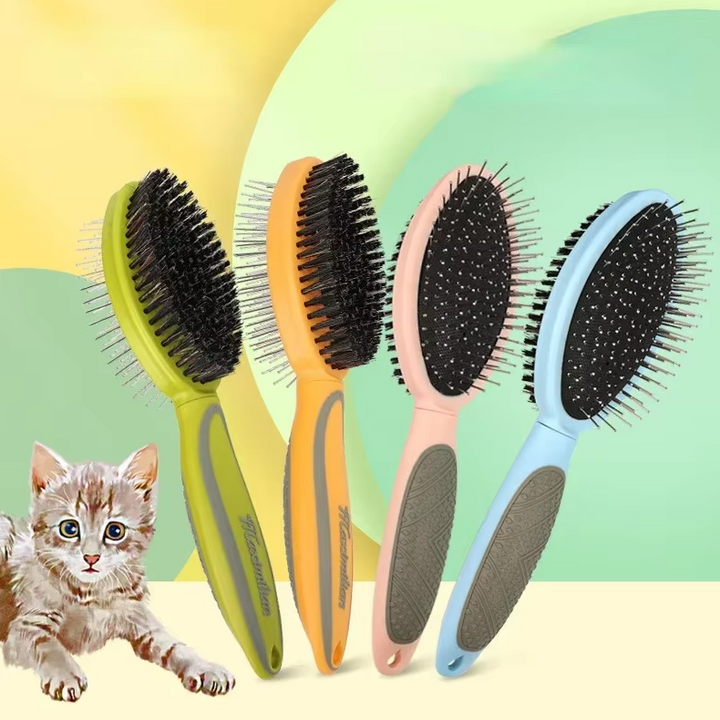 "Doppelseitige Haustierbürste mit weichen Borsten und Metallpins für sanfte Fellpflege und Entwirrung verschiedener Felltypen