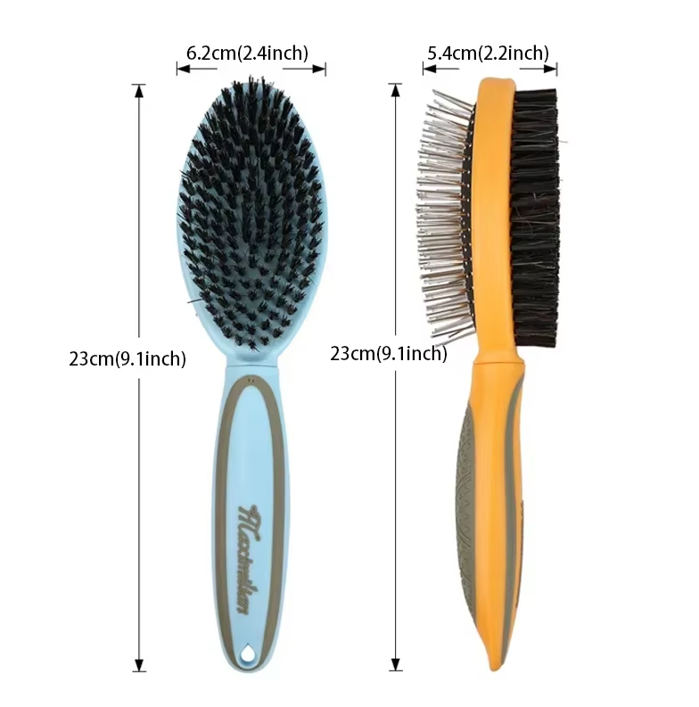 "Doppelseitige Haustierbürste mit weichen Borsten und Metallpins für sanfte Fellpflege und Entwirrung verschiedener Felltypen