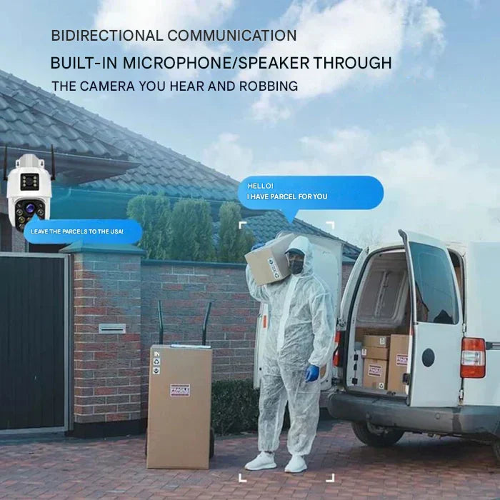 "Drahtlose 4K Sicherheitskamera mit Solarpanel und Doppel-Linse, wetterfest, Seitenansicht, Technologie & Gadgets"