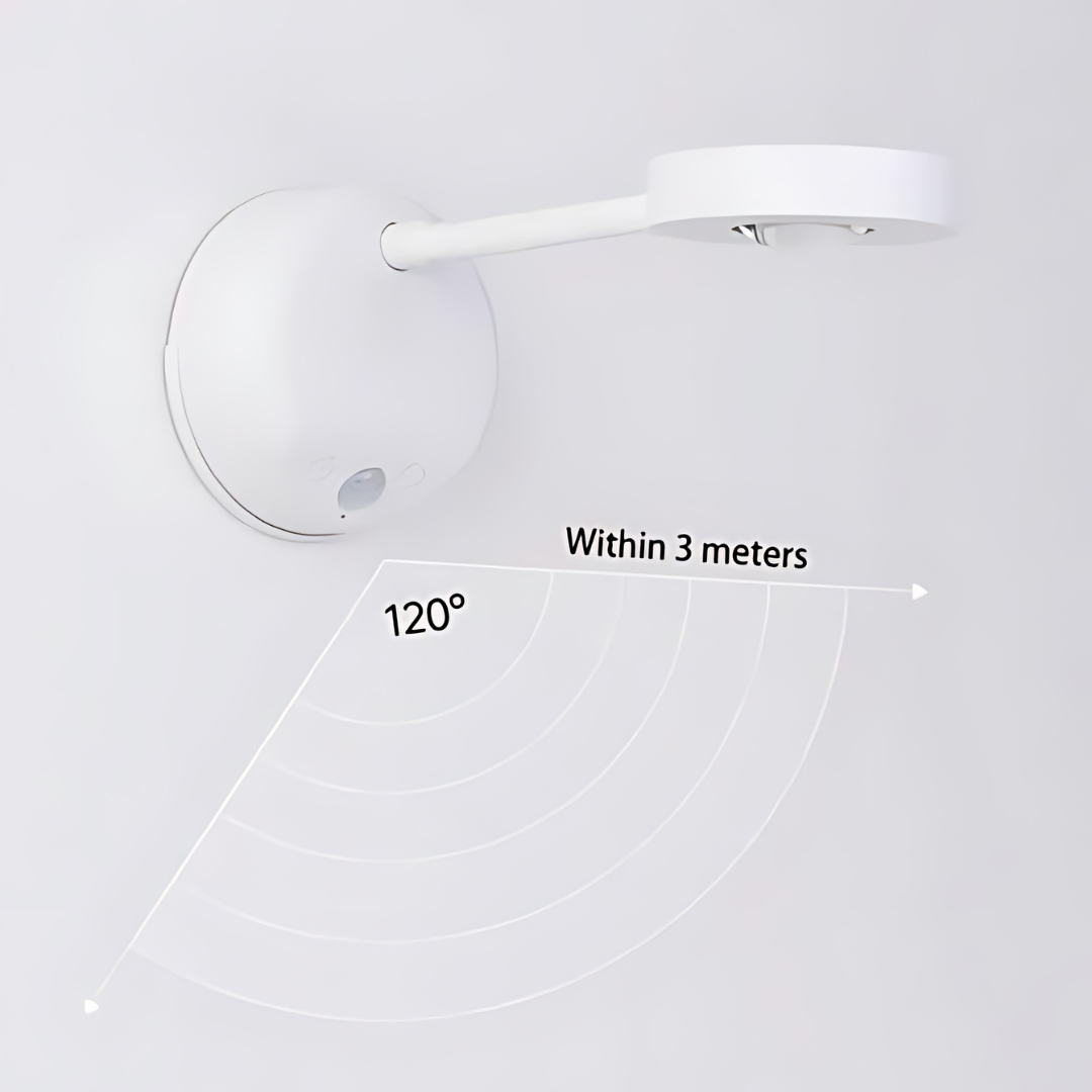 "Drahtloser LED Spot mit Bewegungssensor, modernes Design, verstellbar, warmes bis kühles Licht, einfache Montage."