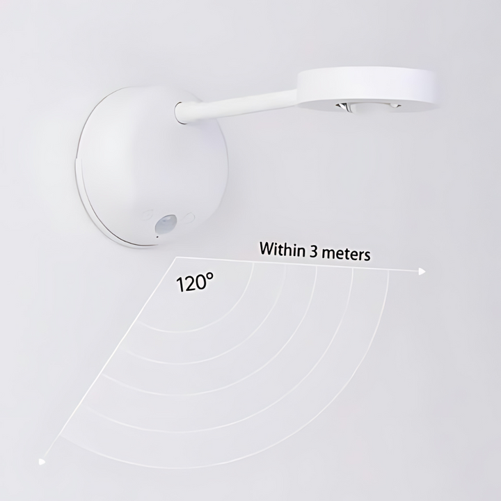 "Drahtloser LED Spot mit Bewegungssensor, modernes Design, verstellbar, warmes bis kühles Licht, einfache Montage."
