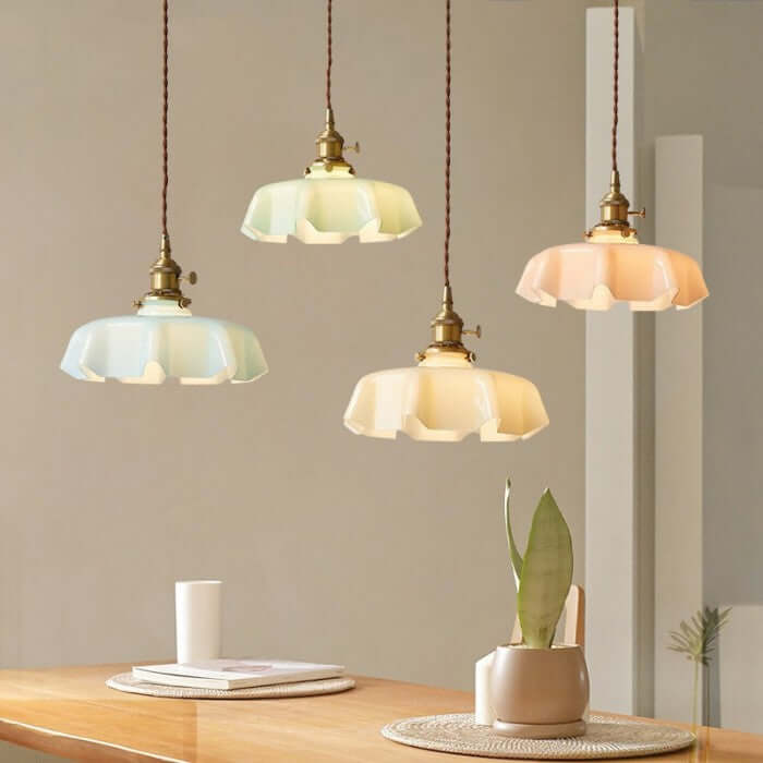 Lampe suspendue rétro fleur en verre crème