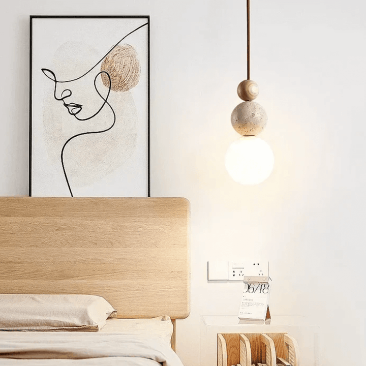 Lampe suspendue moderne en travertin et acajou