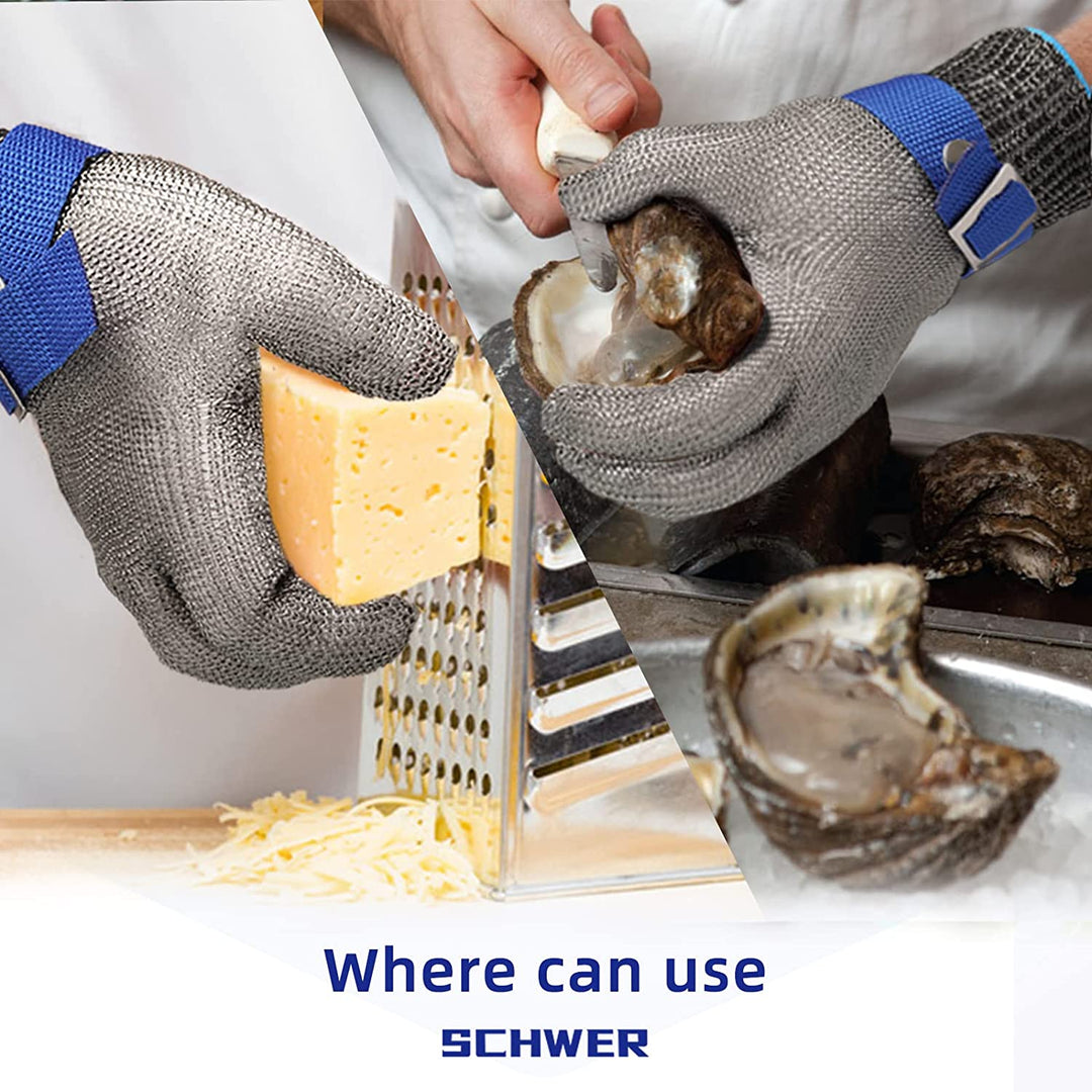 "Edelstahl-Schnittschutzhandschuh, grau, aus Edelstahlgeflecht, bietet ANSI A9 Schutz, ideal für Küche und Fleischverarbeitun