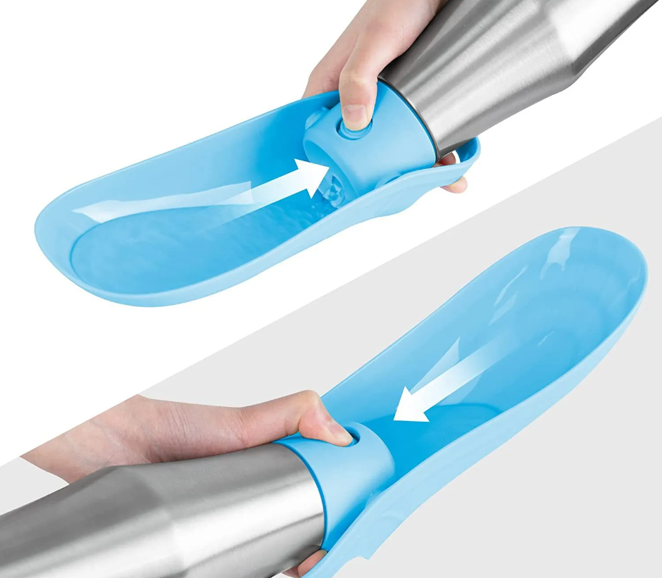 Edelstahl-Trinkflasche für Hunde mit integriertem faltbarem Napf, ideal für unterwegs, hygienisch und praktisch.