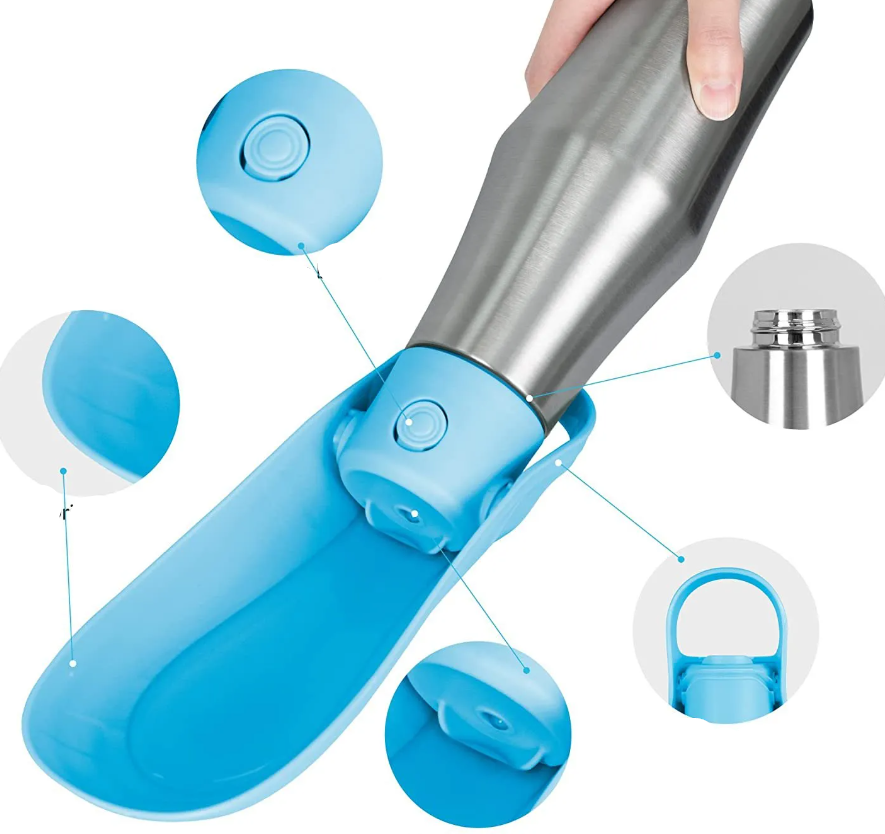 Edelstahl-Trinkflasche für Hunde mit integriertem faltbarem Napf, ideal für unterwegs, hygienisch und praktisch.