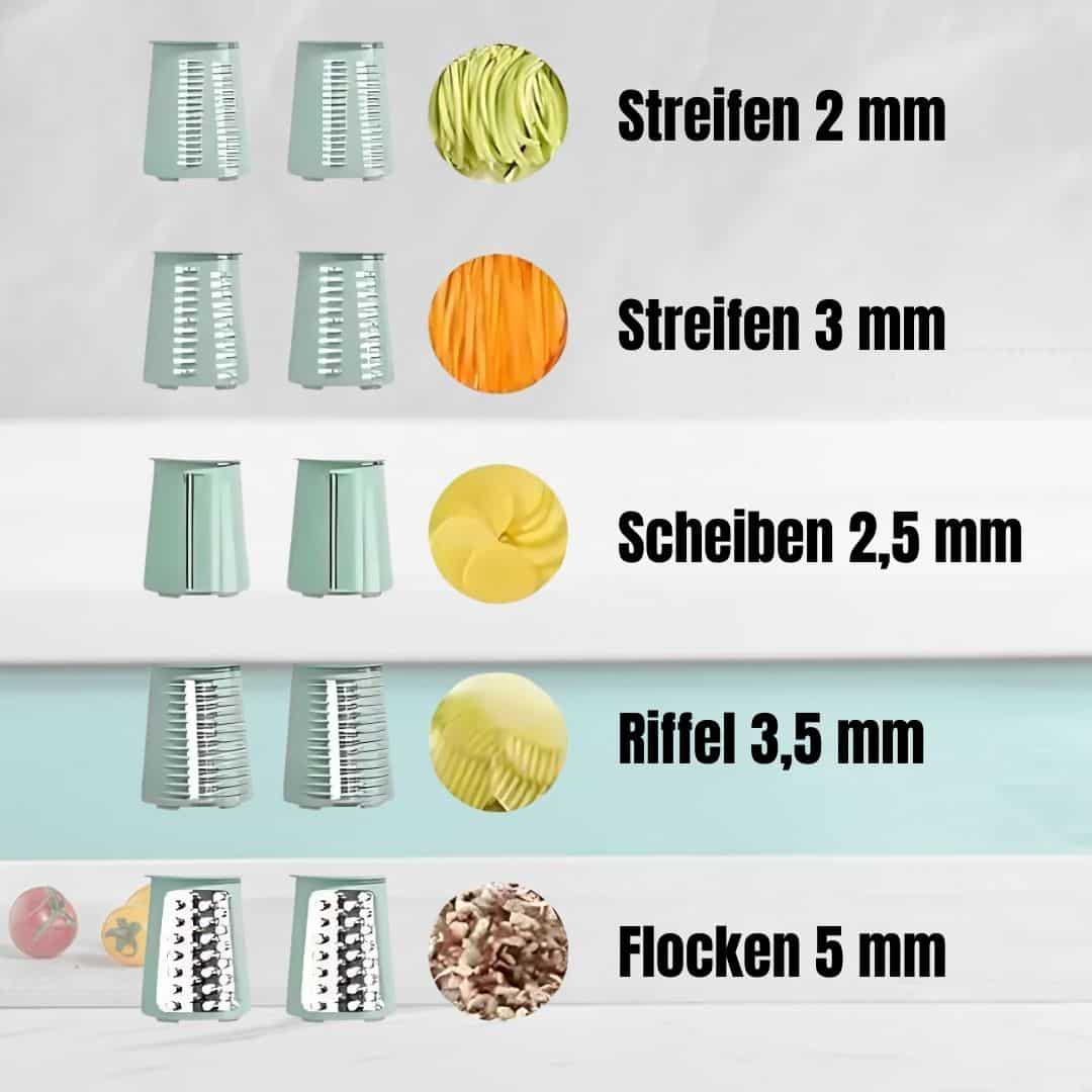 "Effiziente kompakte Küchenreibe in Grün, robustes Design für sicheres Schneiden und Reiben von Gemüse und Obst."