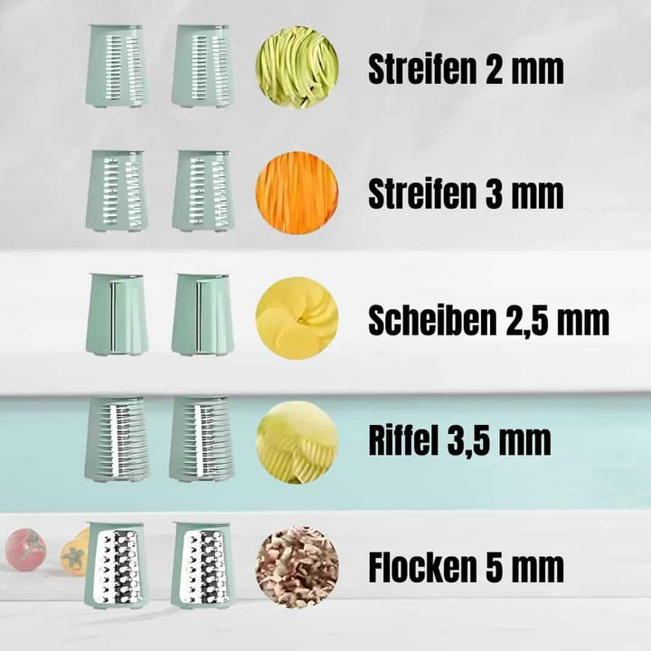 "Effiziente kompakte Küchenreibe in Grün, robustes Design für sicheres Schneiden und Reiben von Gemüse und Obst."