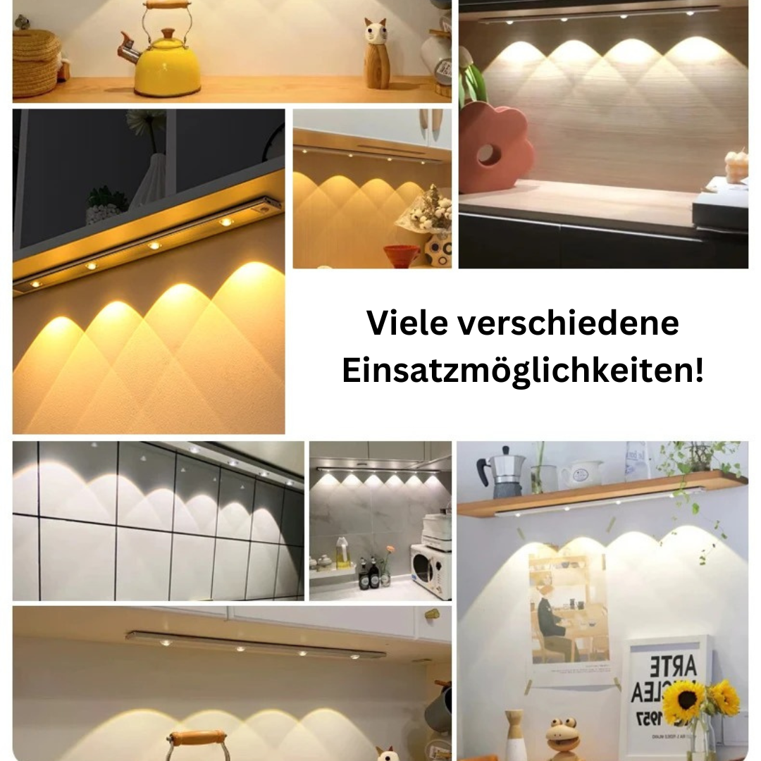 Effiziente Unterbauleuchte mit Bewegungssensor, dimmbar, in schlankem Design, ideal für Küchen, Wohnzimmer, und Garagen.