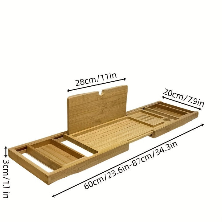 Elegant verstellbare Bambus-Badewannenablage mit Kerze und Getränk, perfekt für entspannende Spa-Momente zu Hause.