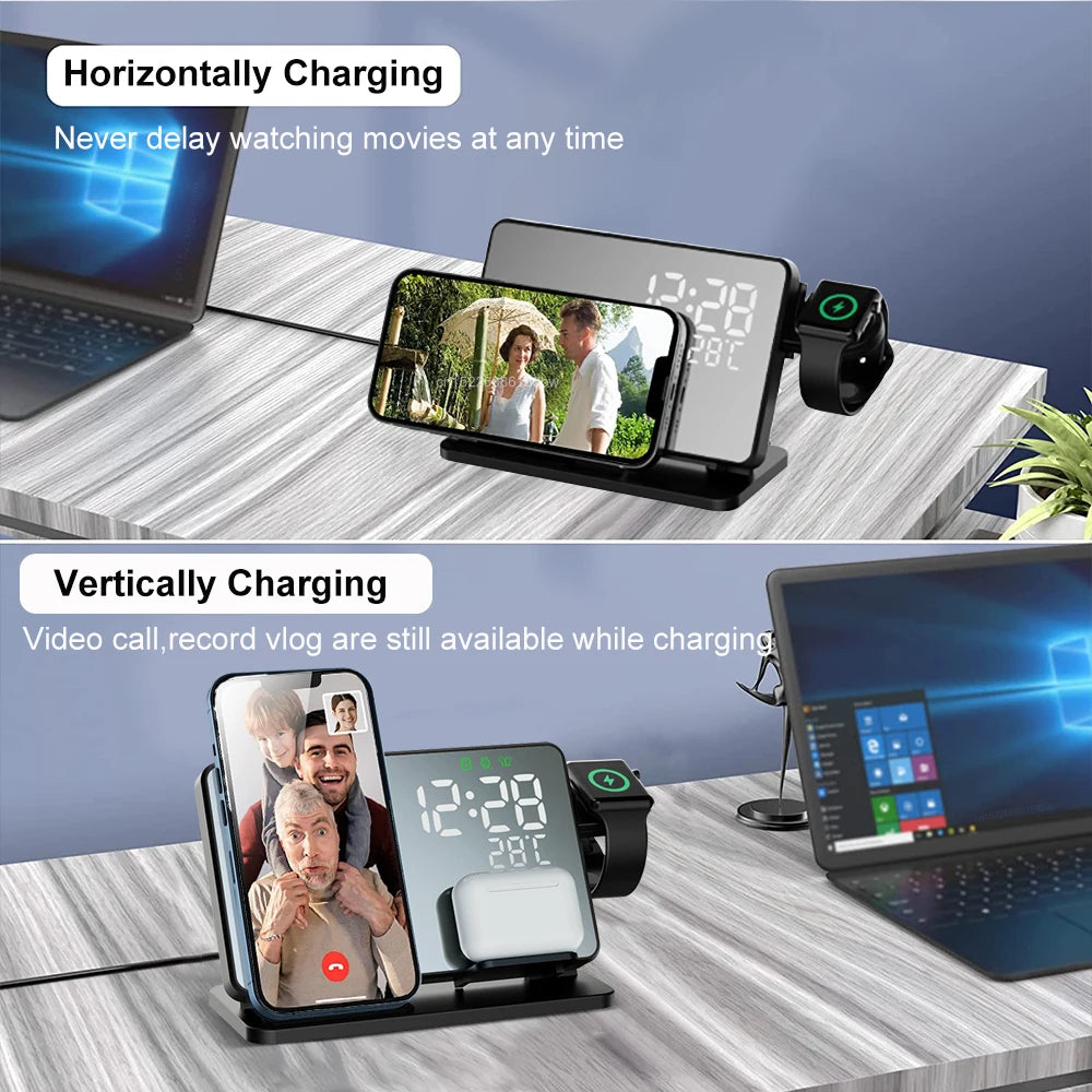 "Elegante 3-in-1 Schnellladestation mit Wecker, ideal für kabelloses Laden von iPhone, Apple Watch & AirPods."