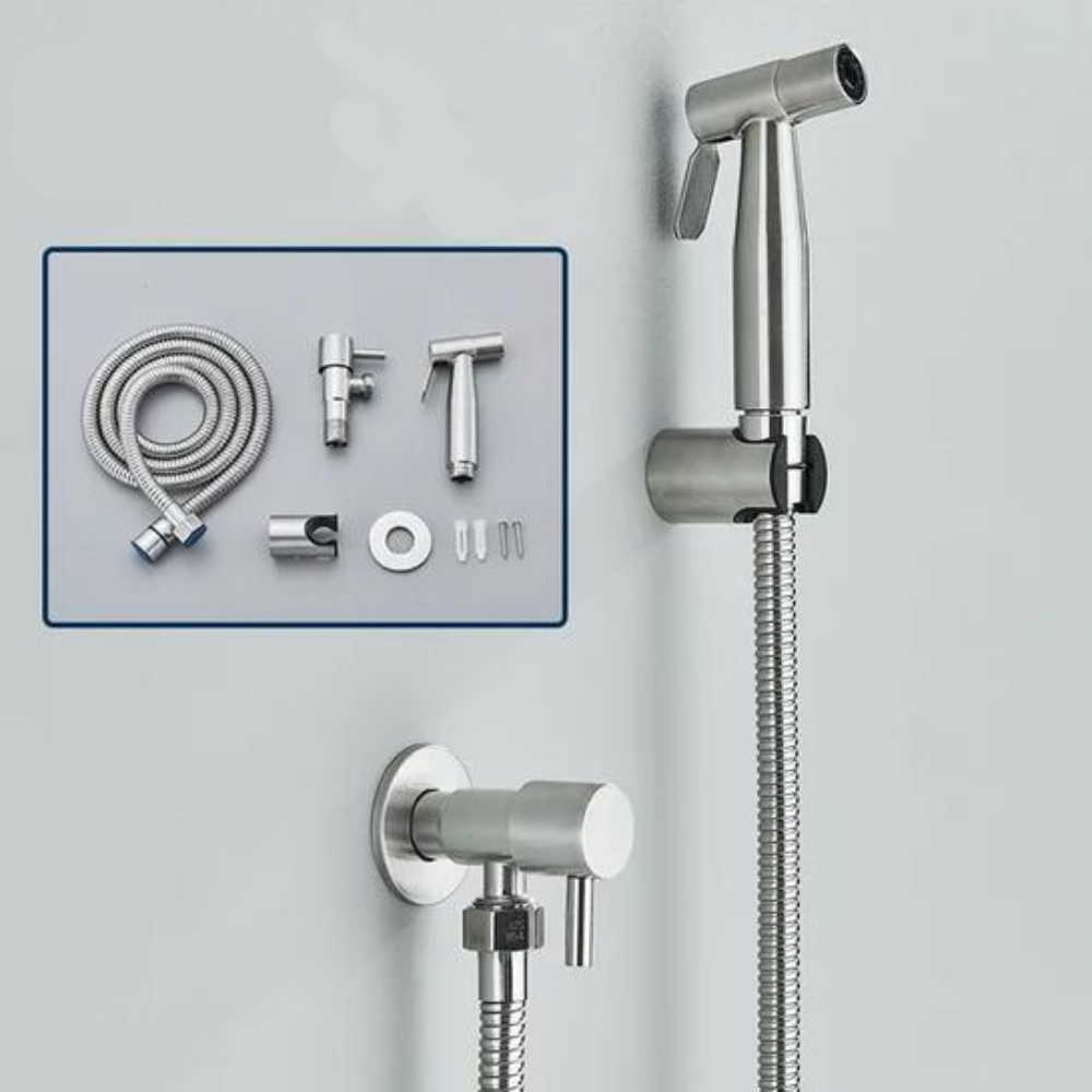 Elegante Bidet-Handbrause aus Edelstahl mit flexiblem Schlauch, ideal für Komfort und Hygiene im Badezimmer, Grau-Schwarz.