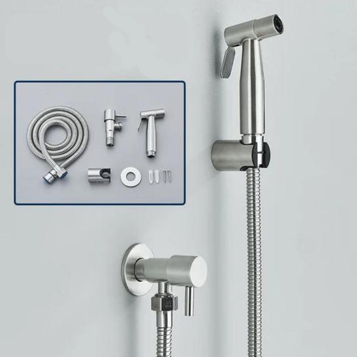 Elegante Bidet-Handbrause aus Edelstahl mit flexiblem Schlauch, ideal für Komfort und Hygiene im Badezimmer, Grau-Schwarz.