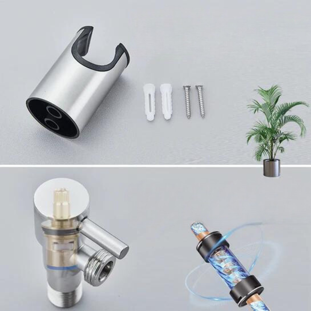 Elegante Bidet-Handbrause aus Edelstahl mit flexiblem Schlauch, ideal für Komfort und Hygiene im Badezimmer, Grau-Schwarz.