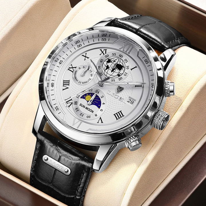 Elegante Herren Chronograph Uhr mit echtem Lederarmband, robustem Gehäuse und stilvollem, zeitlosem Design für jeden Anlass.
