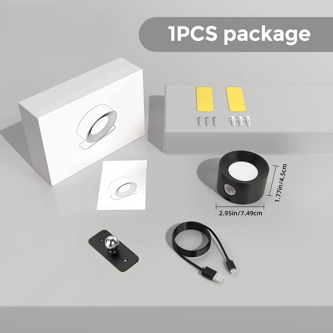 "Elegante kabellose Wandleuchte, schwarz, seitliche Ansicht, dimmbare LED mit 360° drehbarem Licht, flexibel positionierbar."