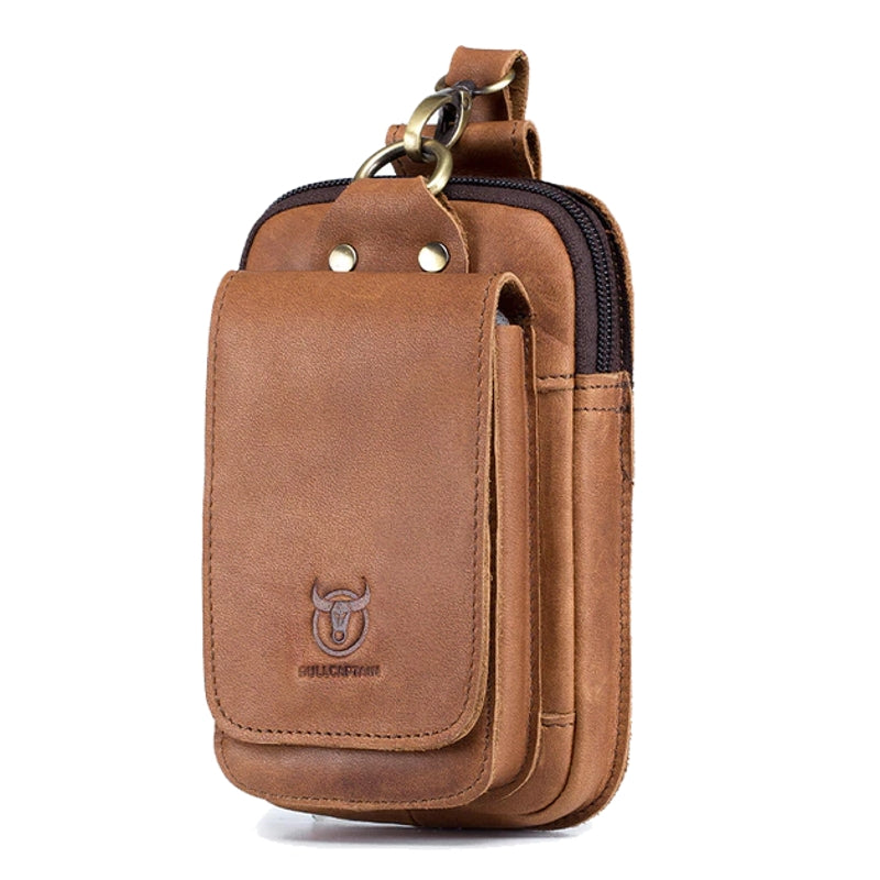 "Elegante Ledergürteltasche, passt für 7-Zoll Smartphones, aus robustem braunem Rindsleder mit Gürtelbefestigung."