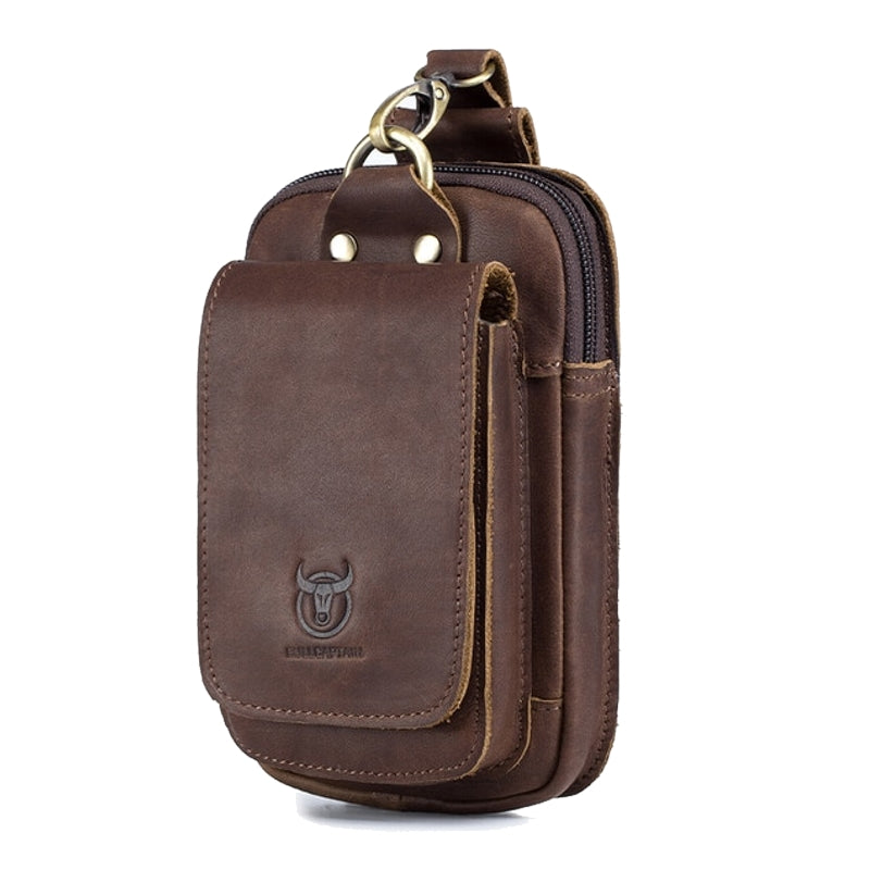 "Elegante Ledergürteltasche, passt für 7-Zoll Smartphones, aus robustem braunem Rindsleder mit Gürtelbefestigung."