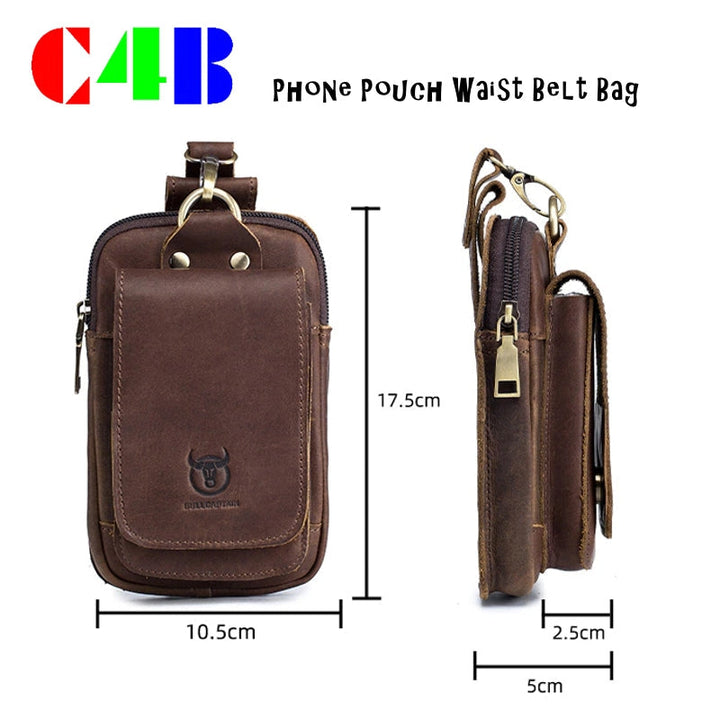 "Elegante Ledergürteltasche, passt für 7-Zoll Smartphones, aus robustem braunem Rindsleder mit Gürtelbefestigung."