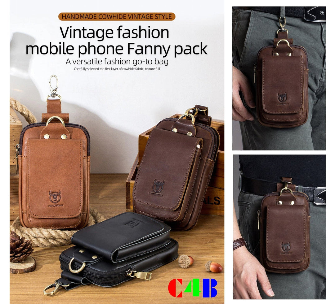 "Elegante Ledergürteltasche, passt für 7-Zoll Smartphones, aus robustem braunem Rindsleder mit Gürtelbefestigung."