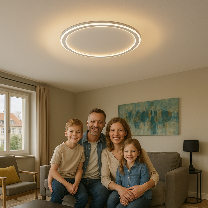 Elegante skandinavische LED-Deckenleuchte, dimmbar, rund, in modernem Esszimmer, warmweißes Licht, 40 cm Durchmesser.