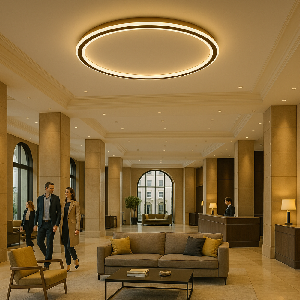 Elegante skandinavische LED-Deckenleuchte, dimmbar, rund, in modernem Esszimmer, warmweißes Licht, 40 cm Durchmesser.