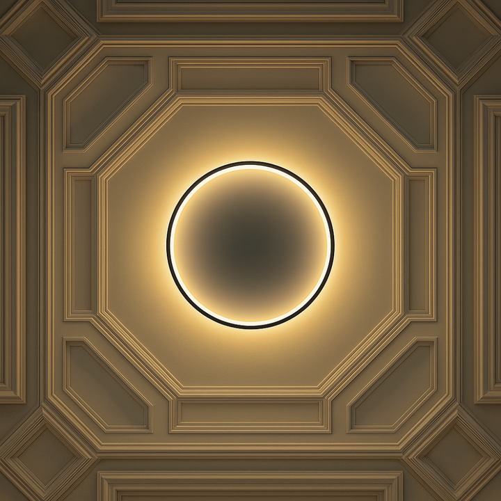 Elegante skandinavische LED-Deckenleuchte, dimmbar, rund, in modernem Esszimmer, warmweißes Licht, 40 cm Durchmesser.