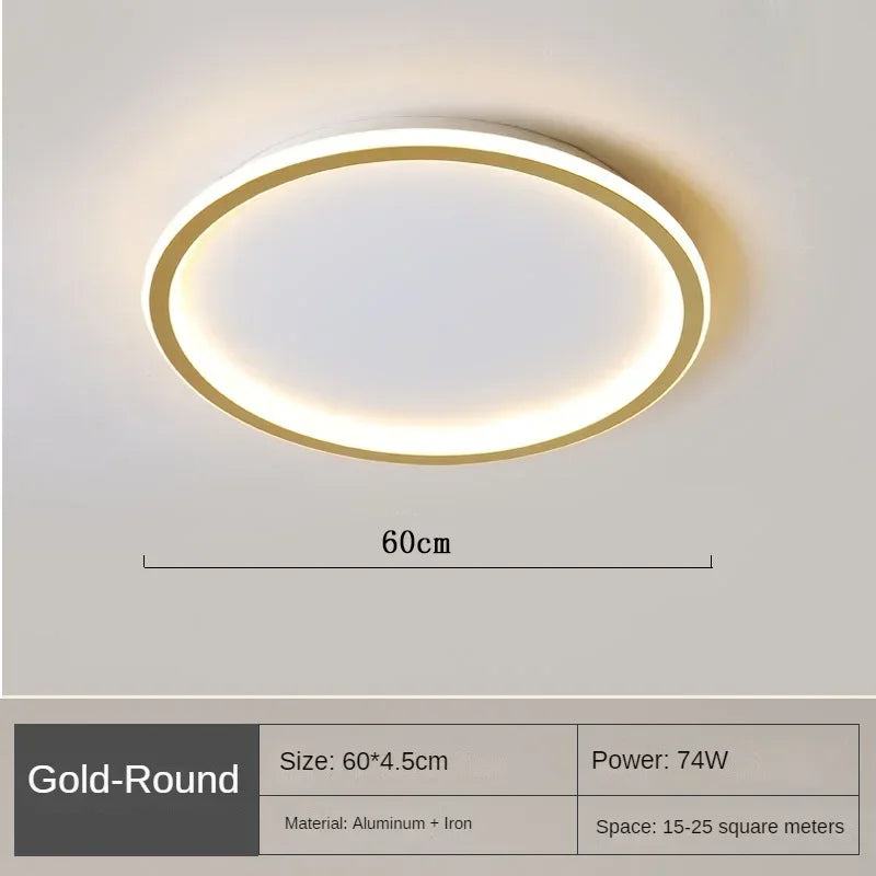 Elegante skandinavische LED-Deckenleuchte, dimmbar, rund, in modernem Esszimmer, warmweißes Licht, 40 cm Durchmesser.
