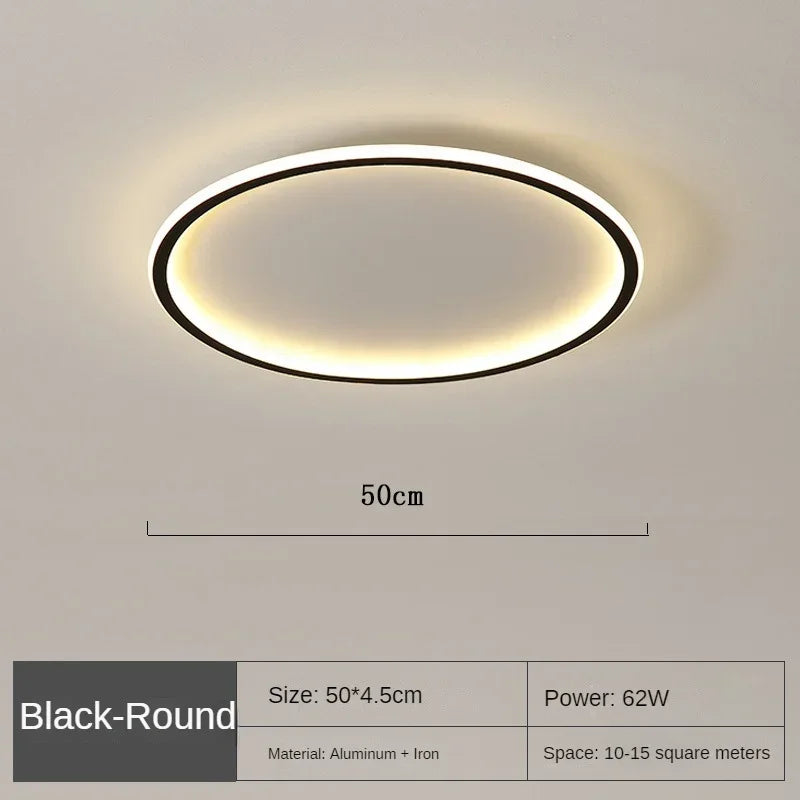 Elegante skandinavische LED-Deckenleuchte, dimmbar, rund, in modernem Esszimmer, warmweißes Licht, 40 cm Durchmesser.