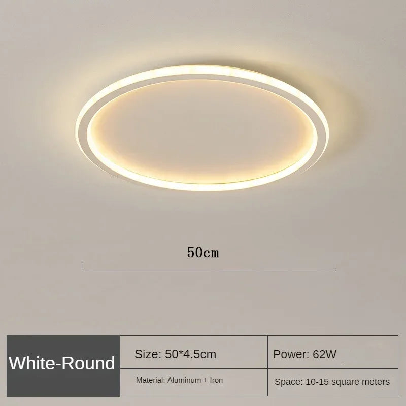 Elegante skandinavische LED-Deckenleuchte, dimmbar, rund, in modernem Esszimmer, warmweißes Licht, 40 cm Durchmesser.