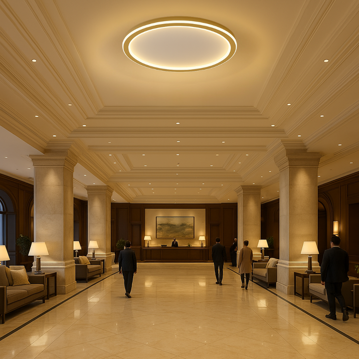 Elegante skandinavische LED-Deckenleuchte, dimmbar, rund, in modernem Esszimmer, warmweißes Licht, 40 cm Durchmesser.