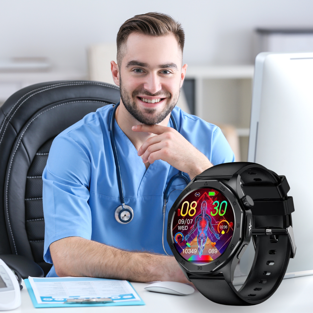 "Elegante Smartwatch mit SOS, Blutzuckermessung, wasserdicht, verstellbaren Riemen, 1.43'' HD Display, langer Akkulaufzeit."